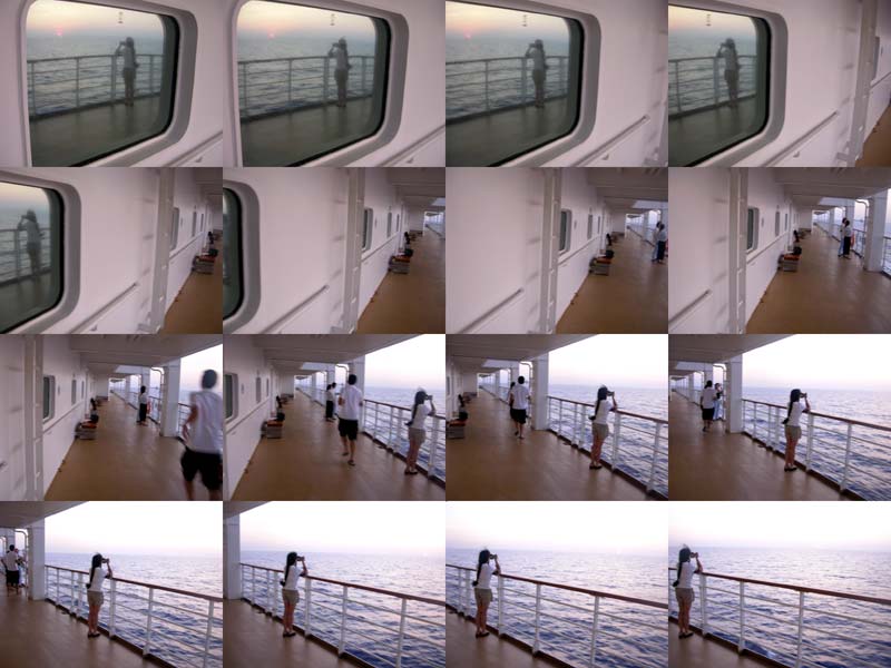 Discontinuous camera movement but continuous image result in chessboard-study of the deck on Nippon Maru at sea.