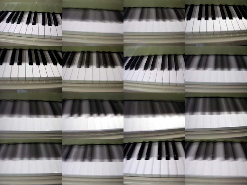 Fixed subject and slight camera movement in chessboard-study of a piano.