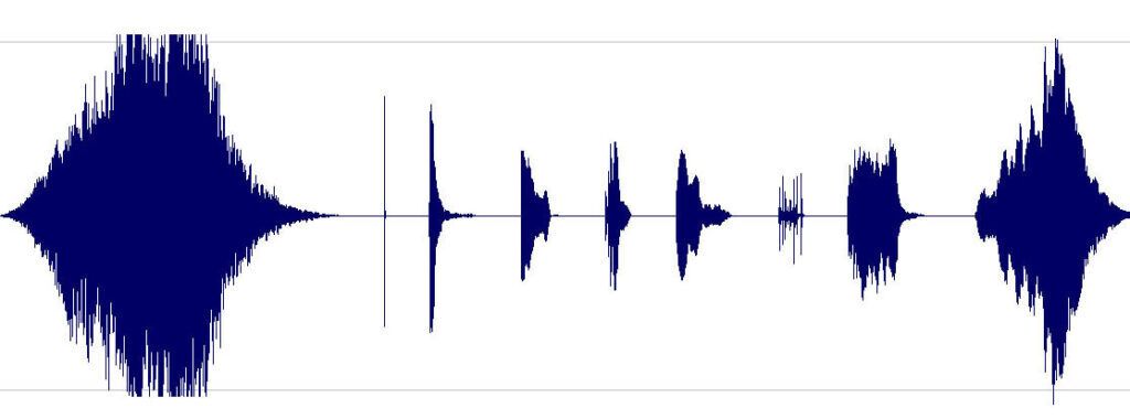 Figur 3: Tid-amplitude representasjon av høyrekanalen av hele lydsettet “Windows-standard”. Hør på lydene i Lydfigur 11.