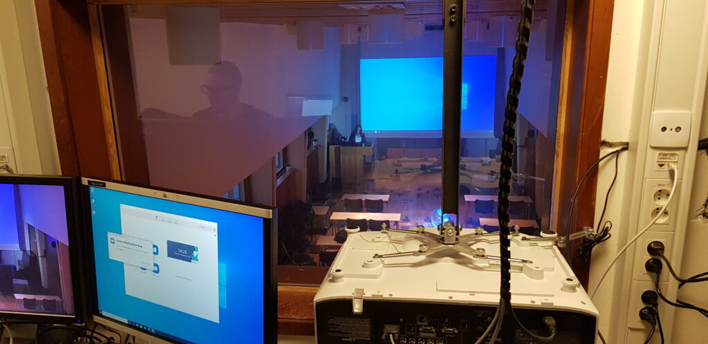 A view of the hall from the control room, one floor up from the hall.