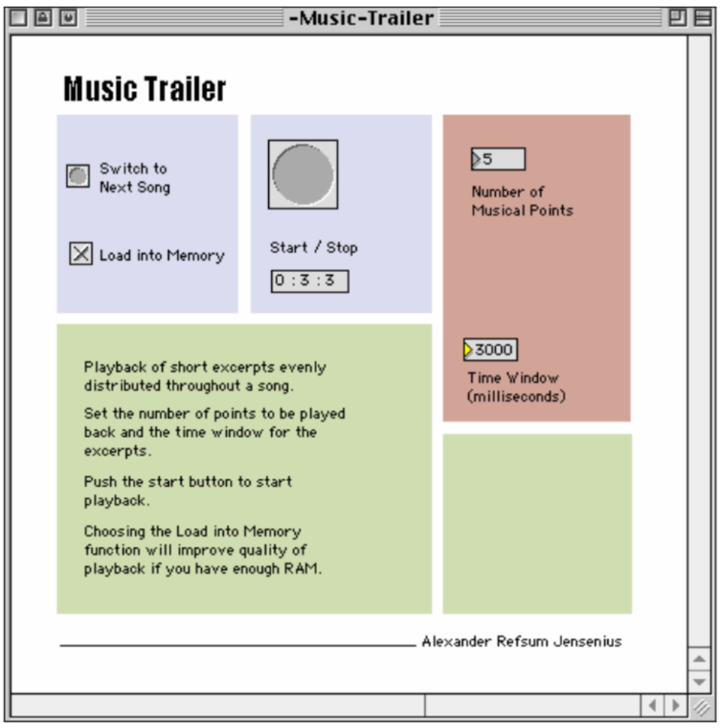 The user interface of the Max patch Music Trailer that plays short excerpts from a sound file.