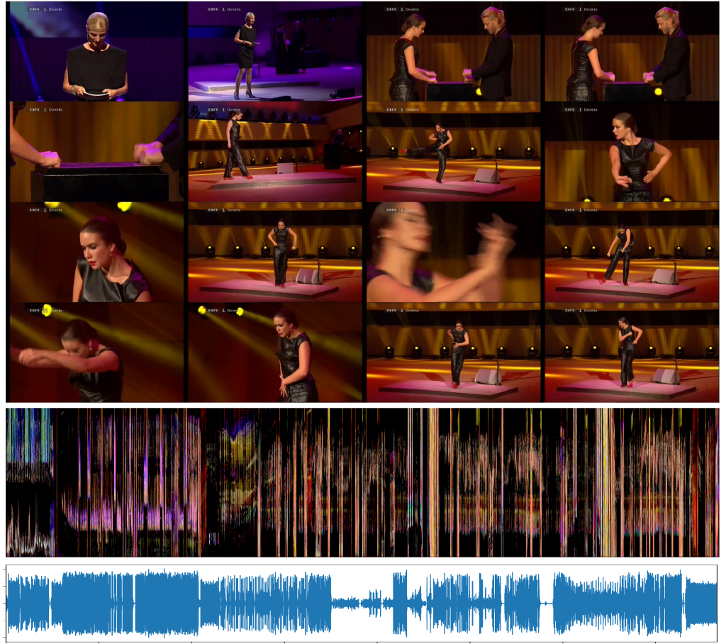 A grid display (top), motiongram (middle), and audio waveform (bottom) reveal quite a bit of the content of the video recording.