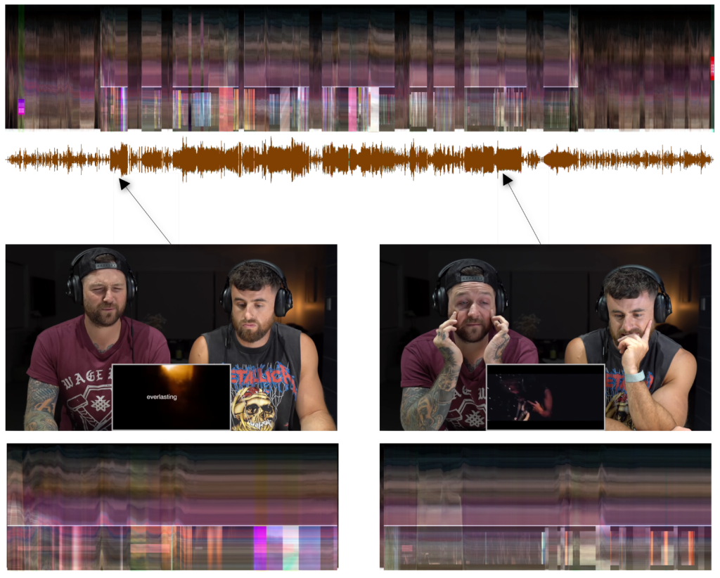 A videogram of the complete video recording (top) with a waveform of the audio track. Two selected frames from the sequence and “zoomed-in” videograms show the motion of specific passages.