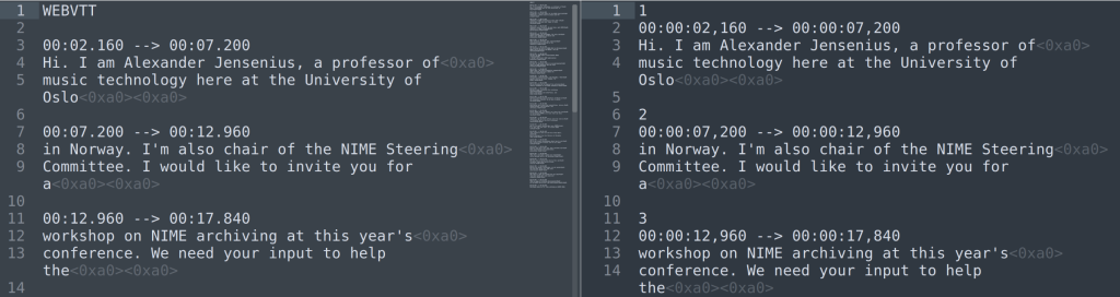 A few lines of the same subtitle file in VTT format (left) and SRT (right).